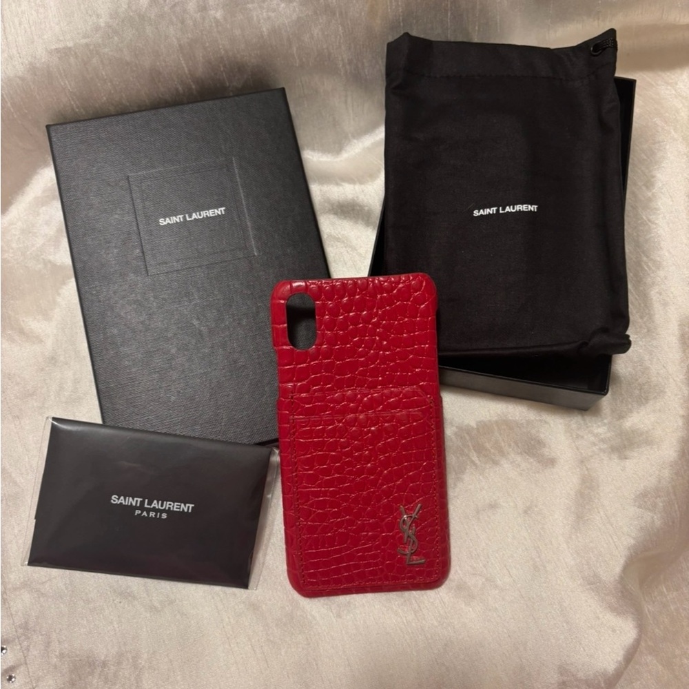 Authentic Saint Laurent Scarlet Croc-Embossed Phone Case